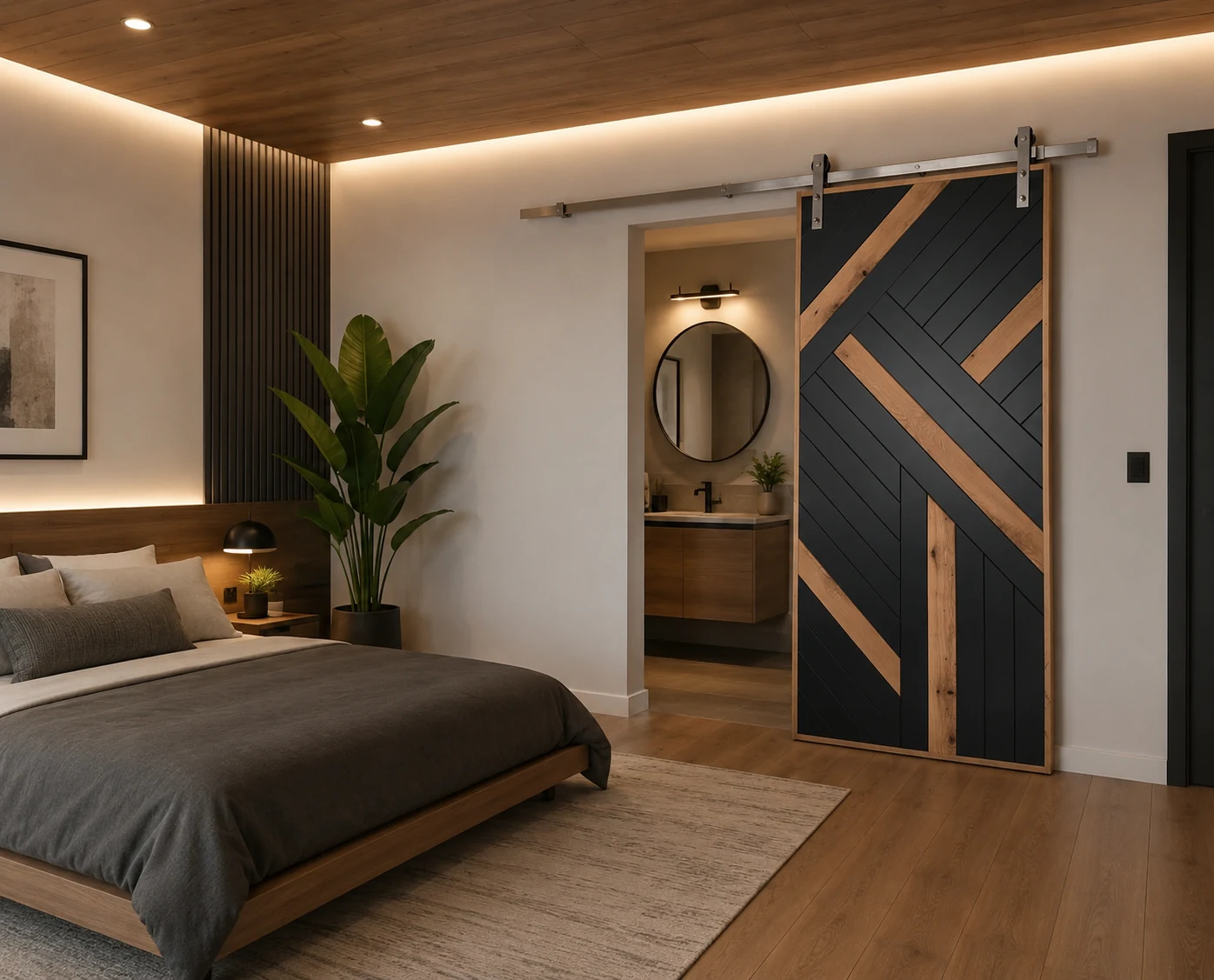 Custom barn door in a modern bedroom