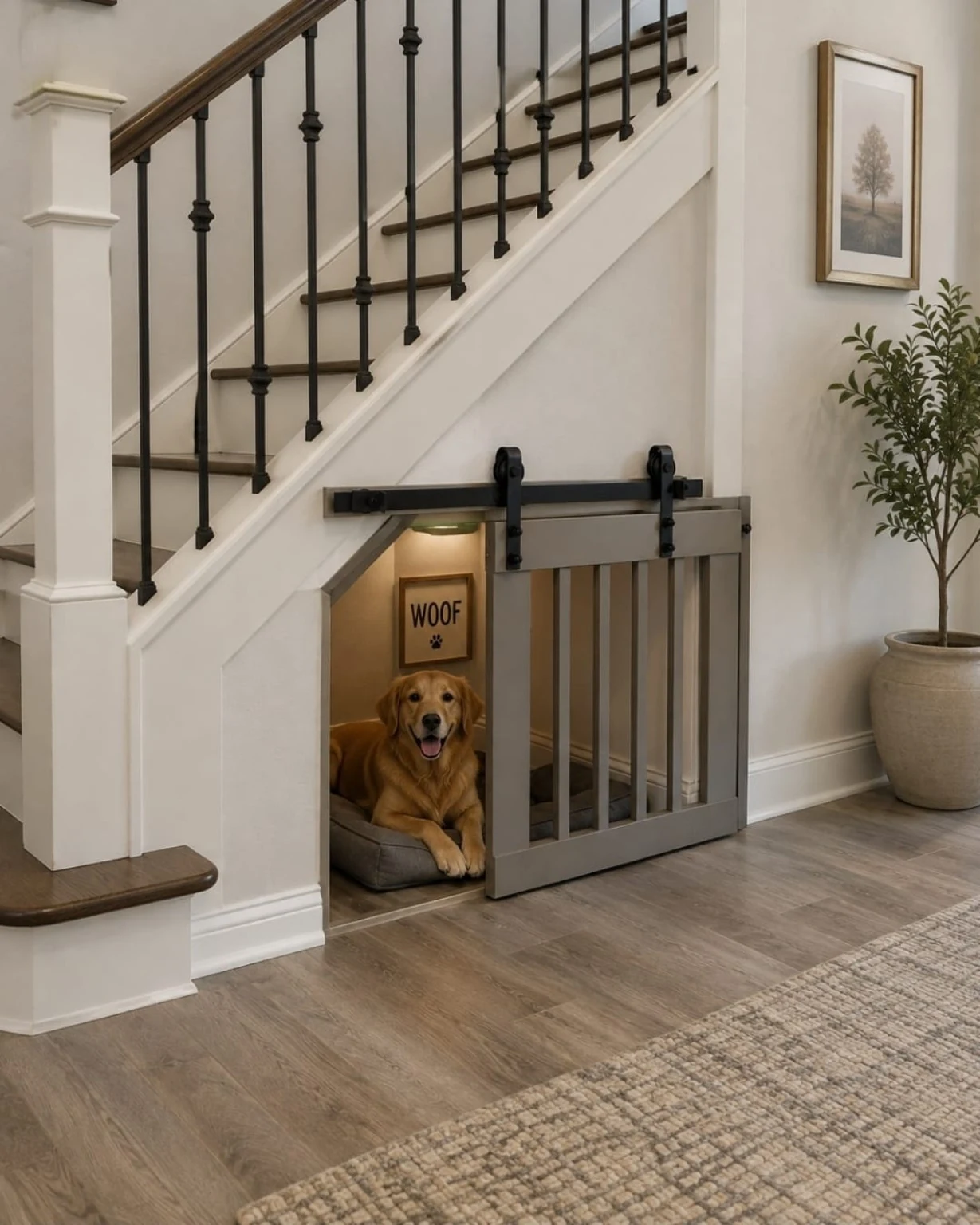 Custom under-stair dog kennel with sliding gate
