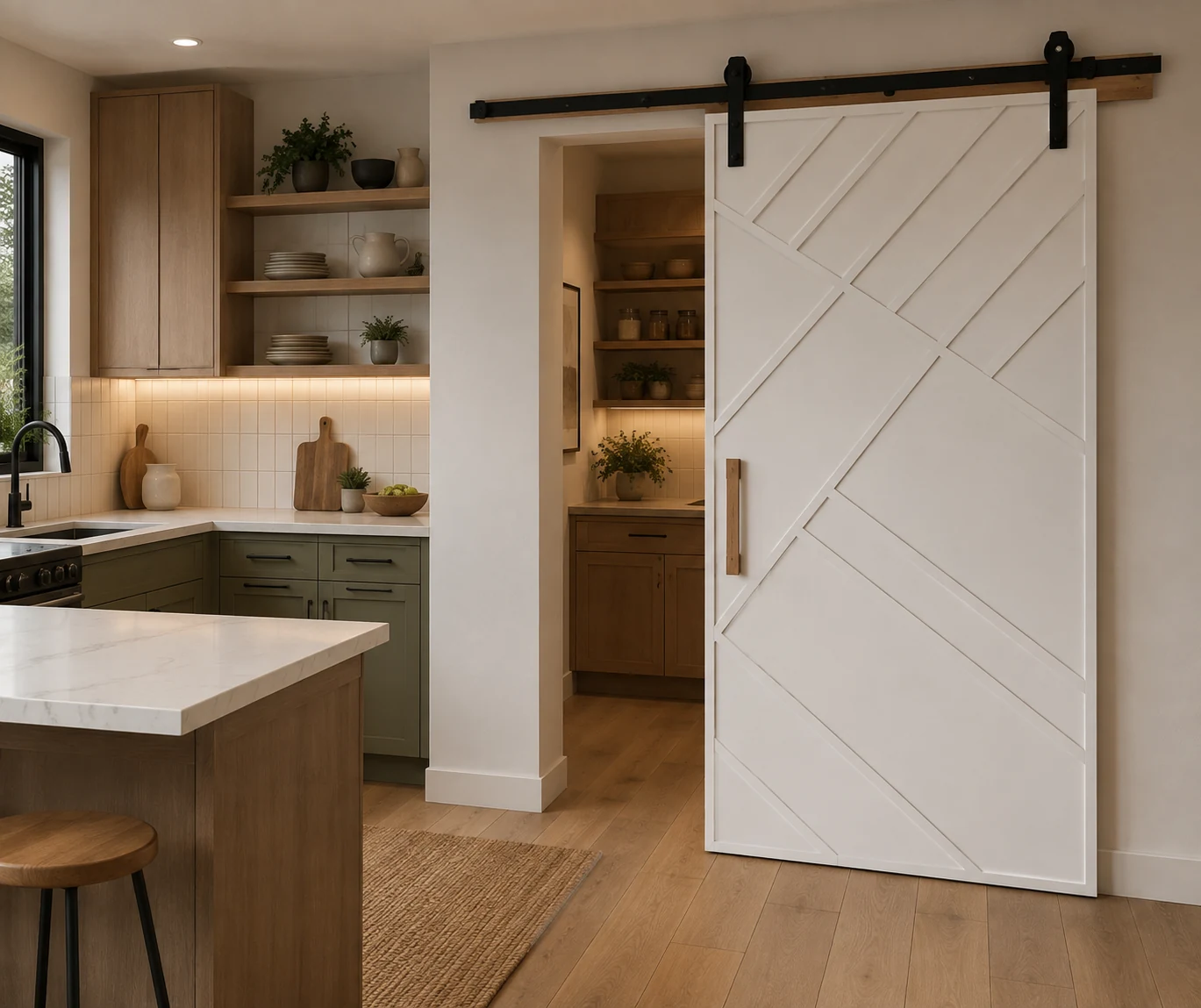 Modern kitchen with custom barn door